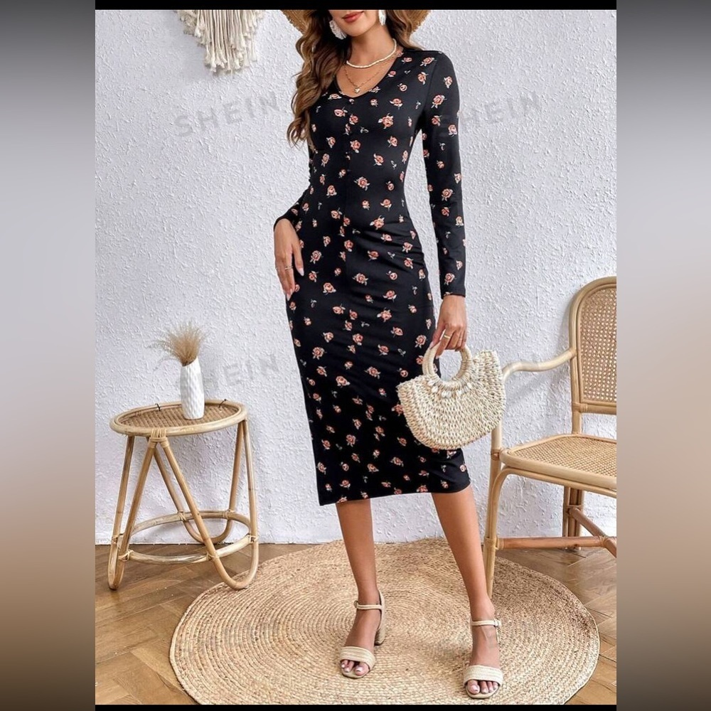 SHEIN VCAY Allover Floral Print Split Thigh Bodycon Dress size S new with tag - Picture 7 of 15
